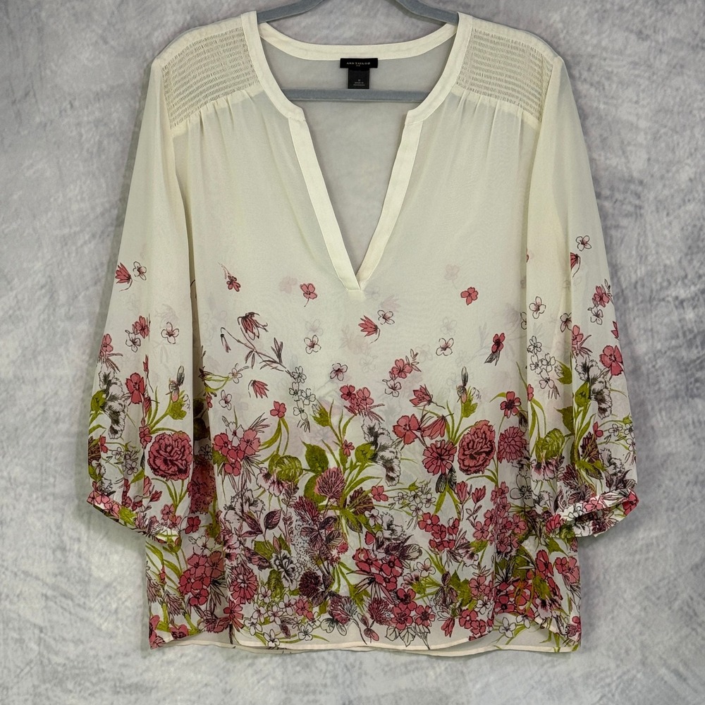 Ann Taylor‎ sheer Floral top Womens sz M Whimsy Fairy ethereal cottagecore pink